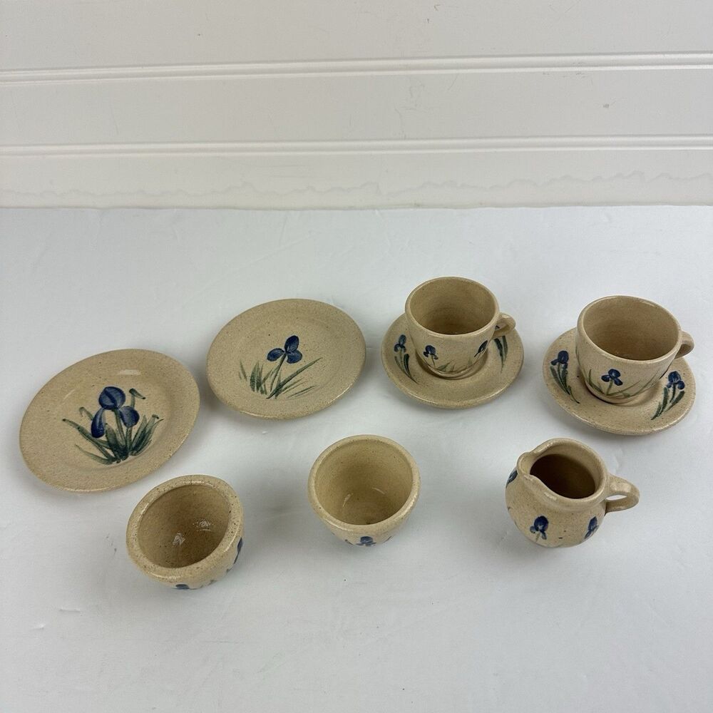 Miniature WI Pottery Set Salt Glazed Blue Iris Pitcher Cups Mixing Bowl Plates